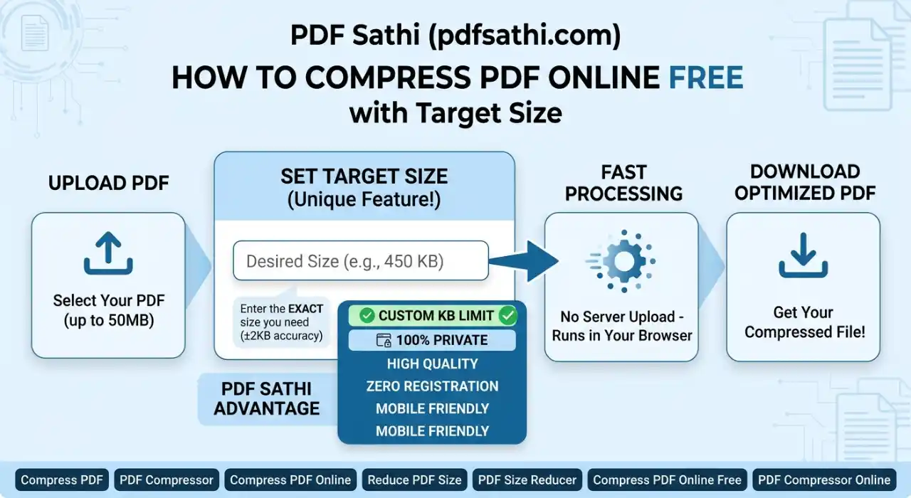 PDF Sathi tool interface showing target size PDF compressor setting custom KB limit